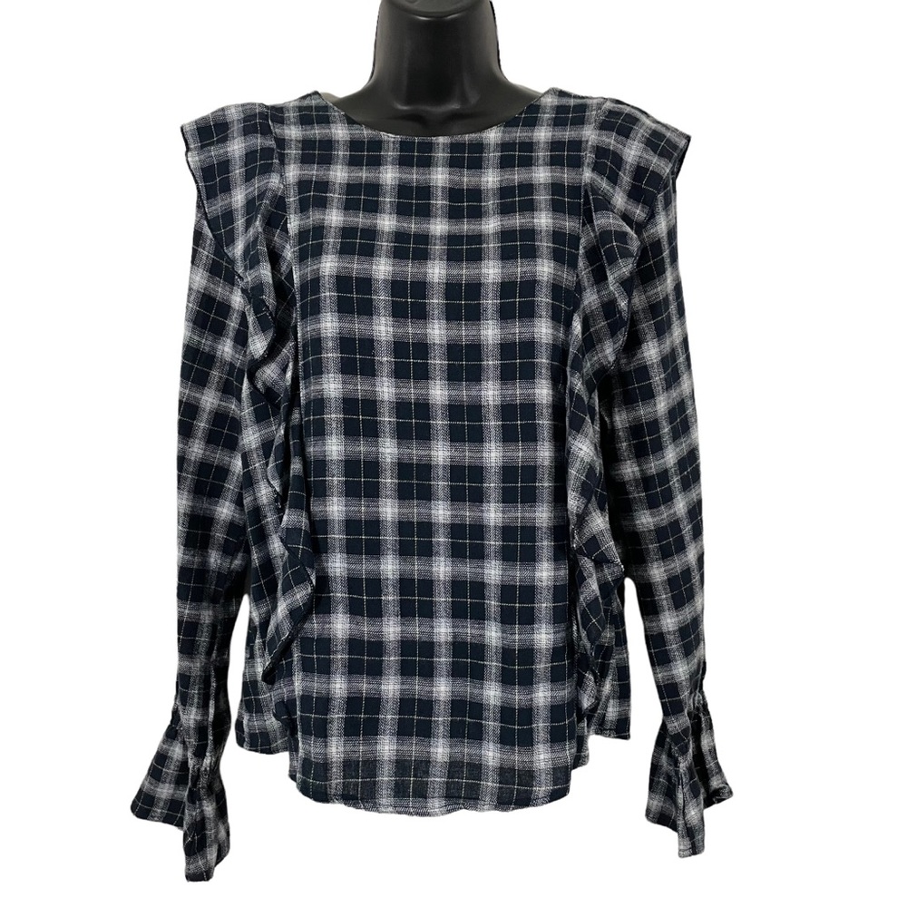 LOVE NOTES black and white plaid flannel ruffled long sleeve top [L]